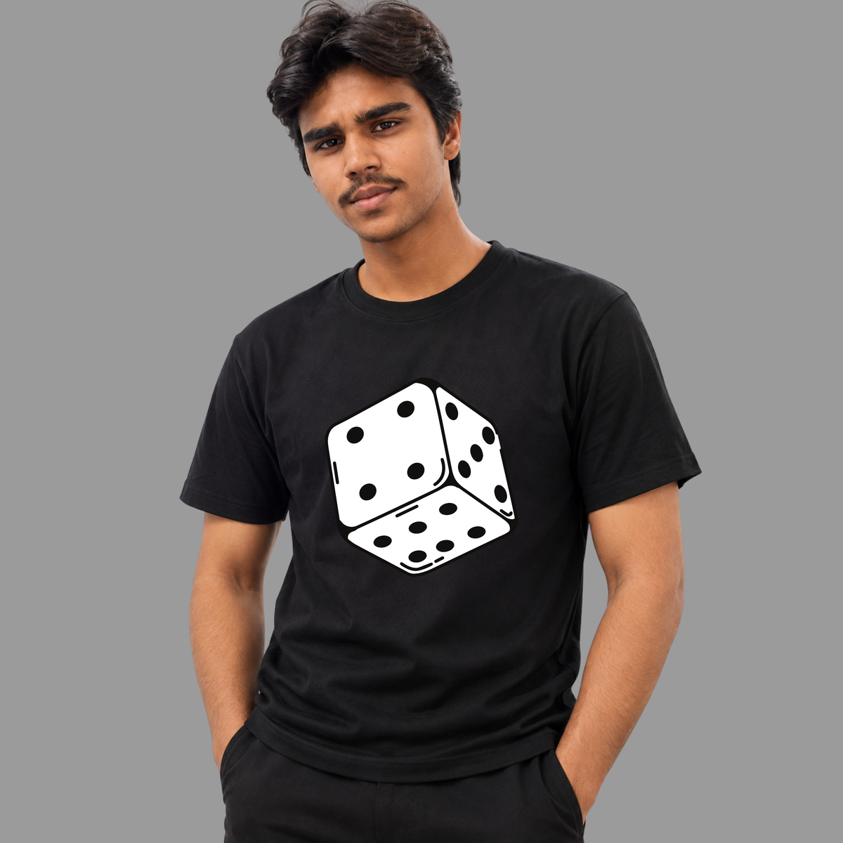Black T-Shirt With White Dice Graphic Print — Casual Gaming Tee For Luck And Style