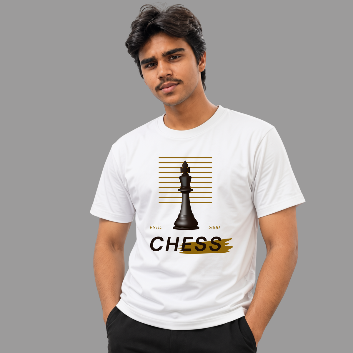 Chess King T-Shirt Design On White Shirt With Graphic Board Lines And Modern Typography