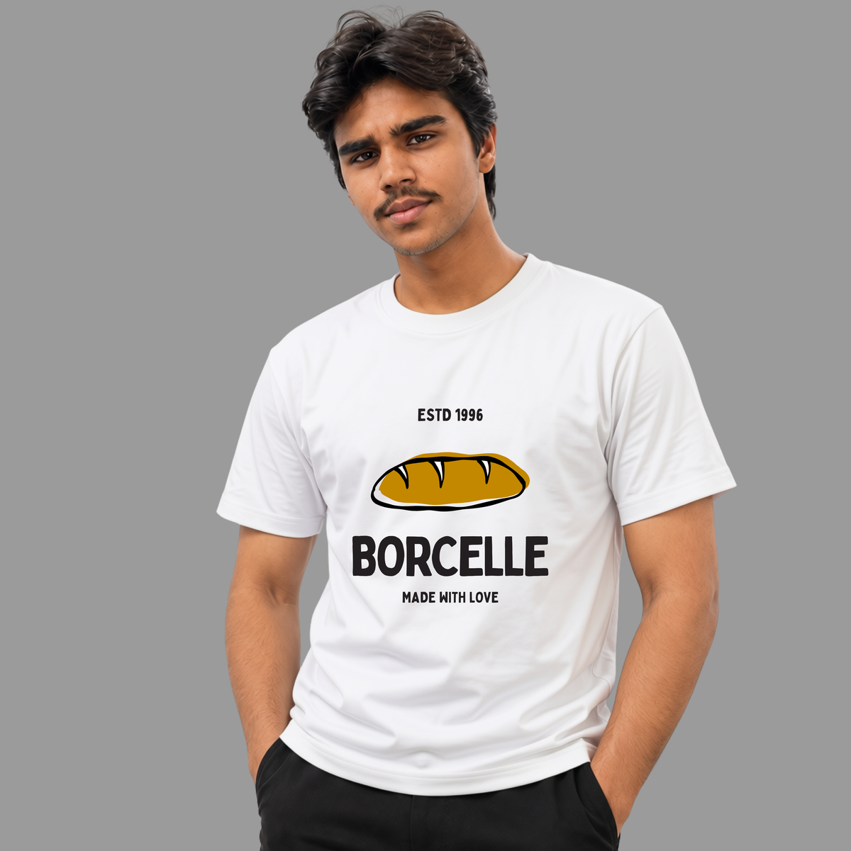 White T-Shirt With Bread Bakery Logo Graphic Tee Featuring Borcelle Made With Love Design