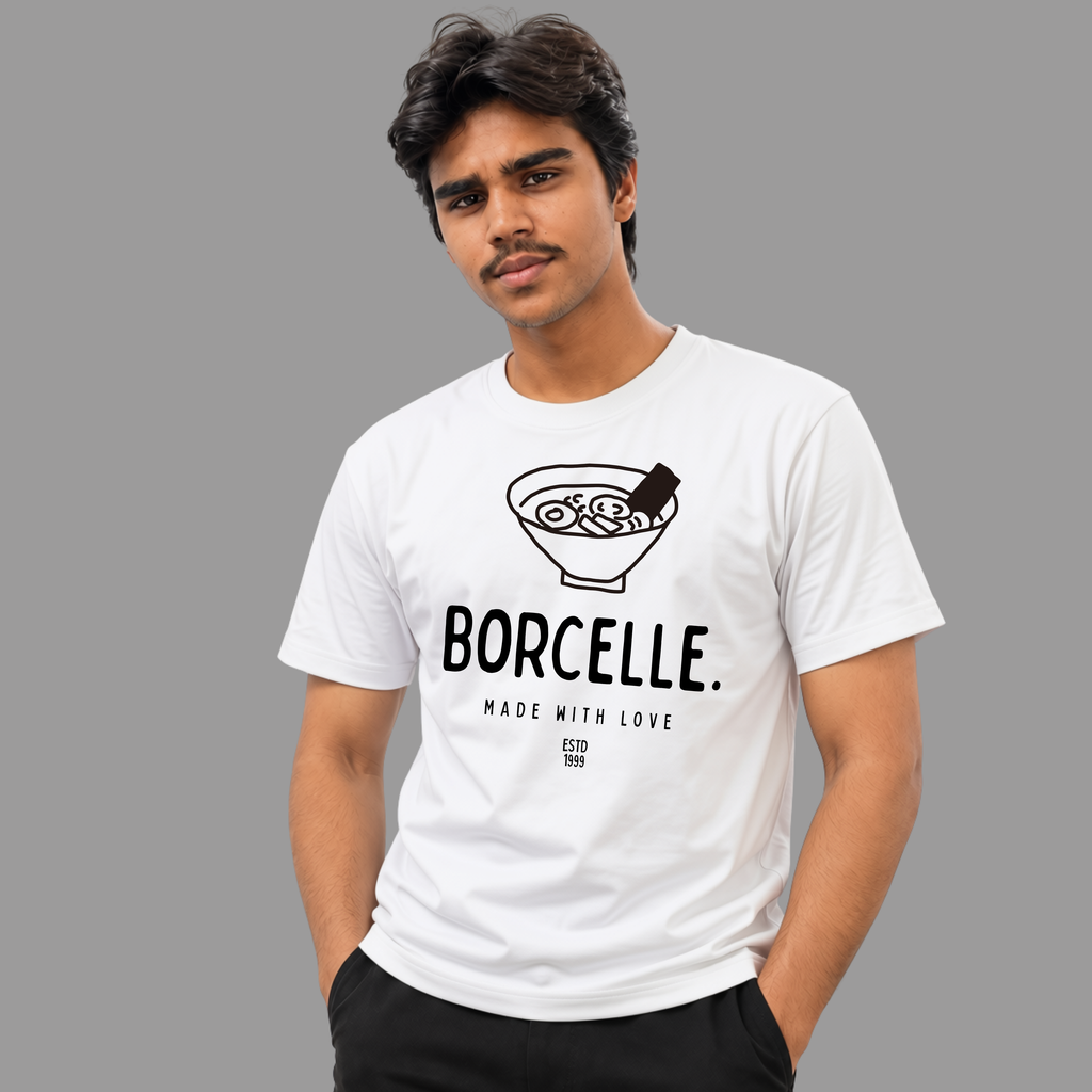 White T-Shirt With Ramen Bowl Graphic and 'Borcelle Made With Love' Logo