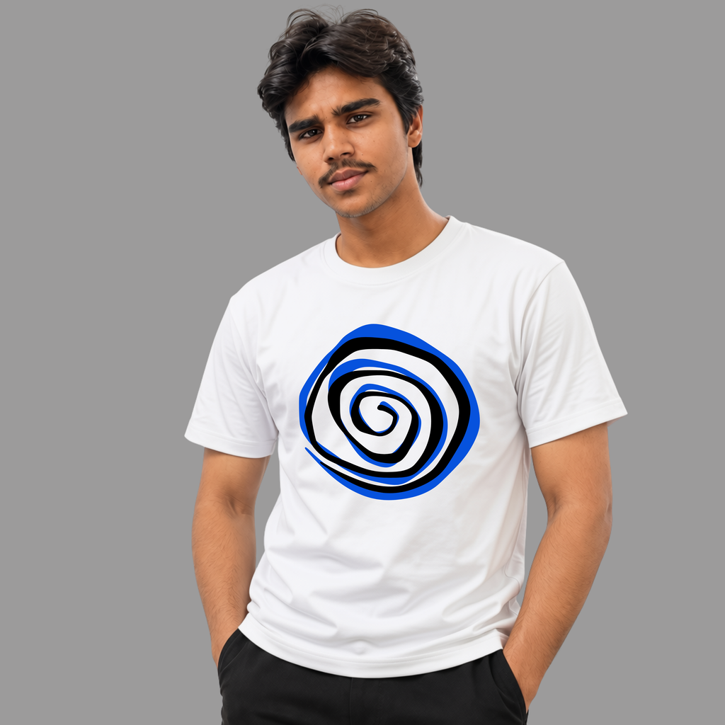 White T-Shirt With Blue Spiral Abstract Design Hanging On Hanger Minimalist Fashion Tee