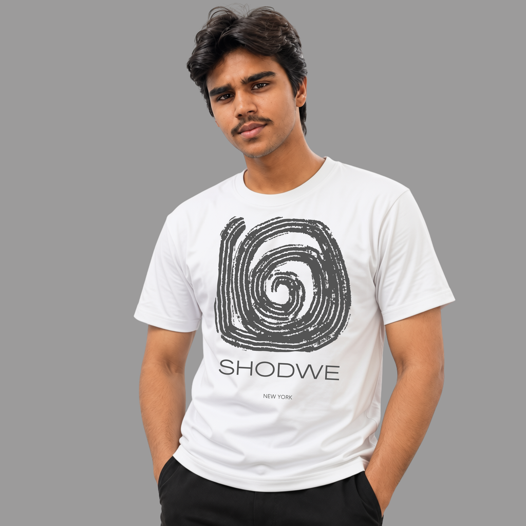 White Graphic T-Shirt Mockup With Minimal Spiral Logo And New York Branding On Hanger