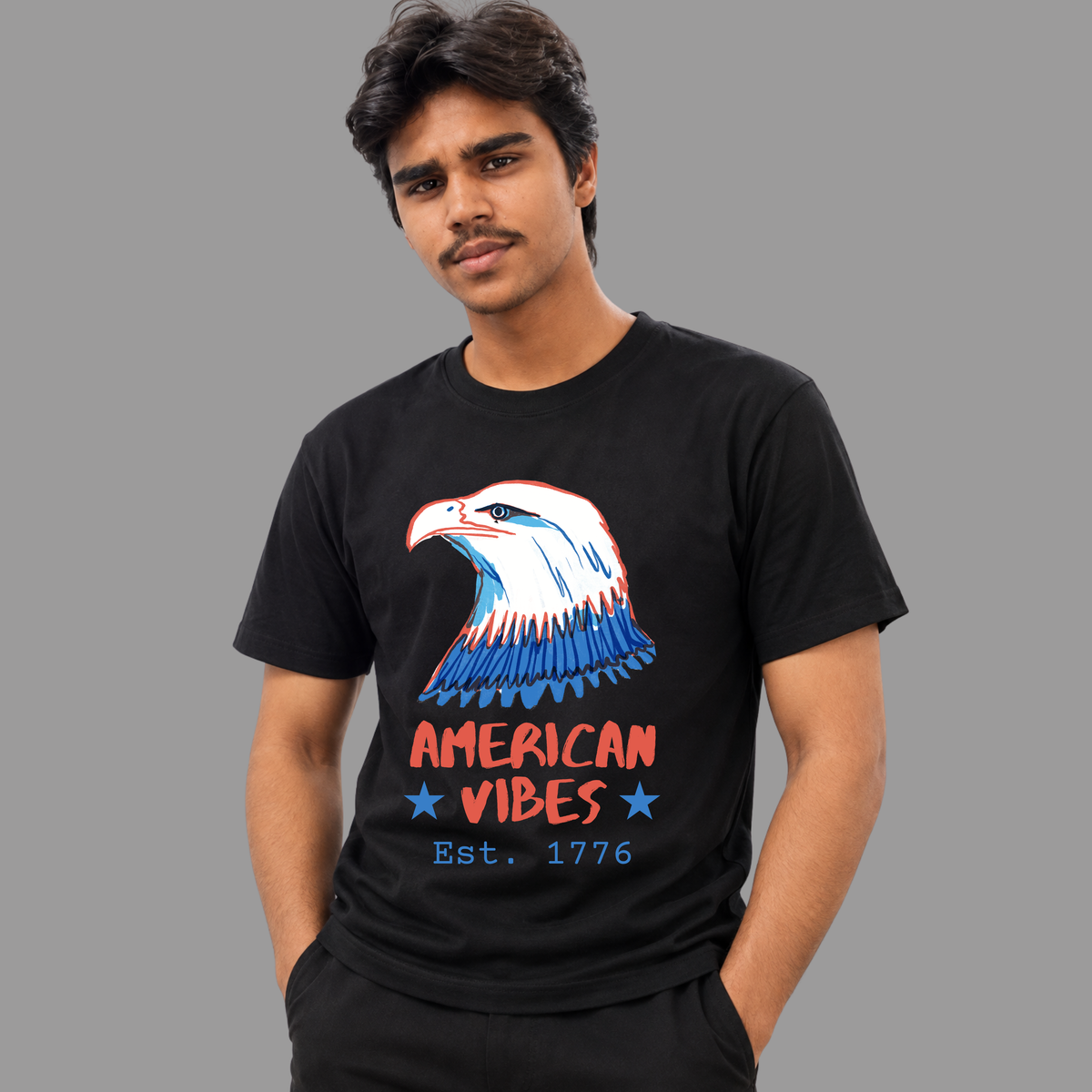 American Vibes Bald Eagle T-Shirt Design Patriotic Est. 1776 Vintage Flag Colors Apparel Mockup