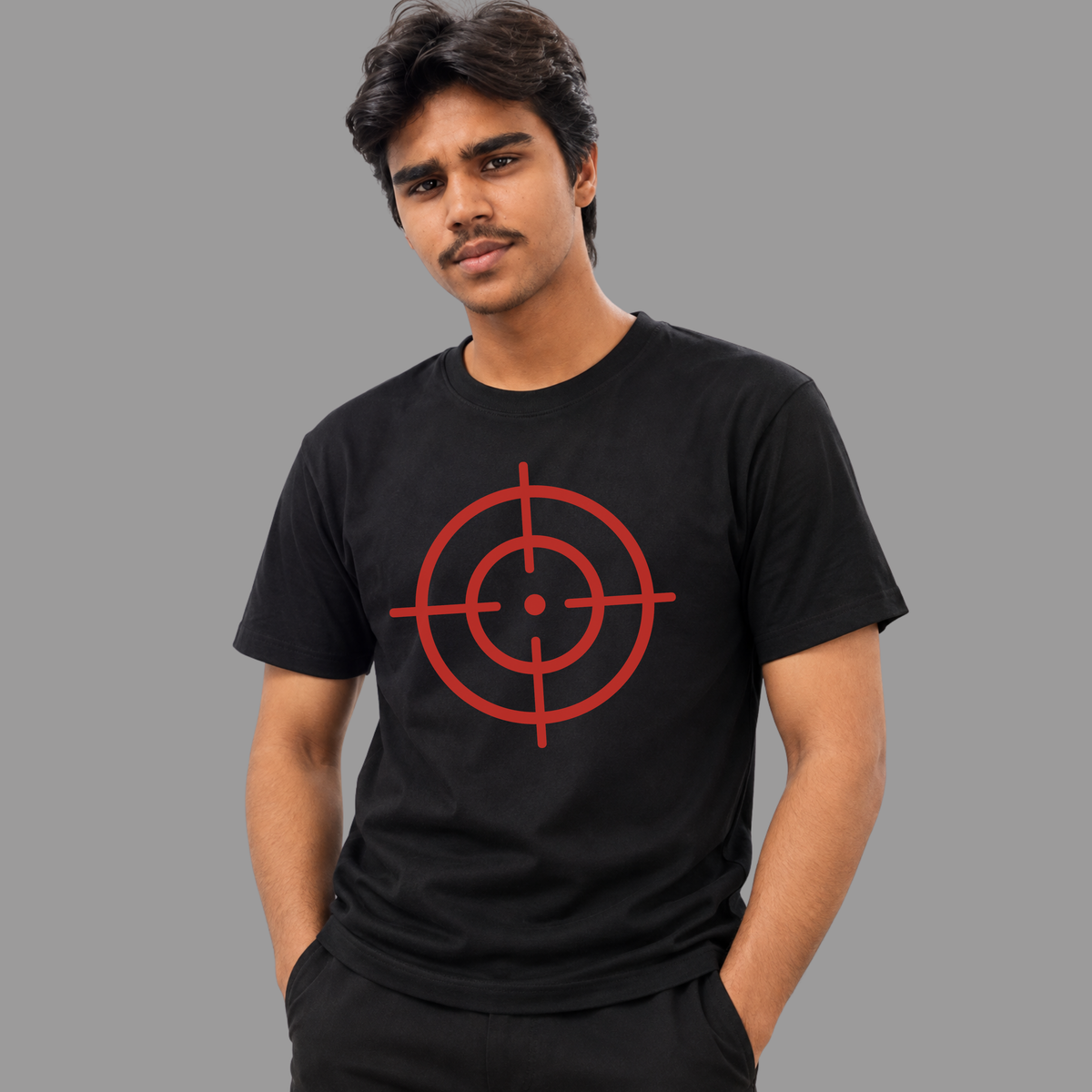 Black T-Shirt Mockup With Red Target Bullseye Crosshair Graphic Center Print On Hanger