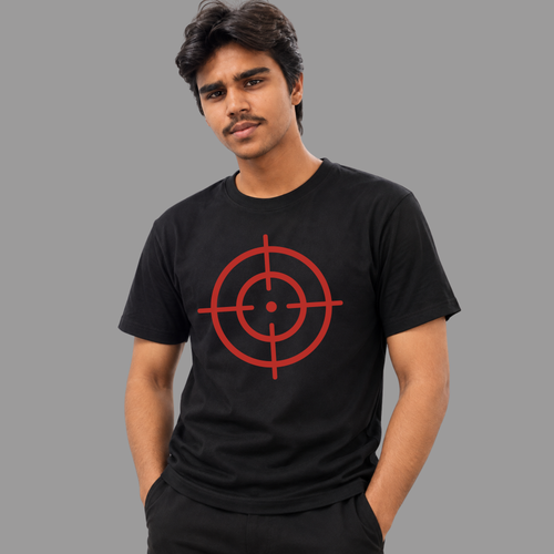 Black T-Shirt Mockup With Red Target Bullseye Crosshair Graphic Center Print On Hanger