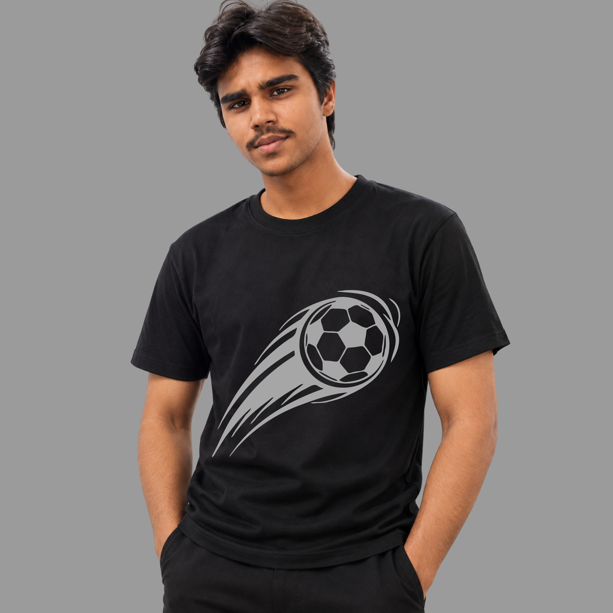 Soccer Ball Graphic T-Shirt Design On Black Shirt With Dynamic Motion Lines For Fans