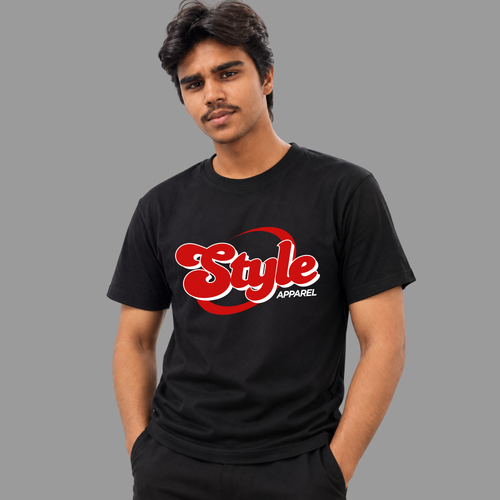 Black T-Shirt With Red Style Apparel Logo On Hanger Fashion Branding Mockup For Clothing