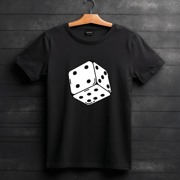 Black T-Shirt With White Dice Graphic Print — Casual Gaming Tee For Luck And Style