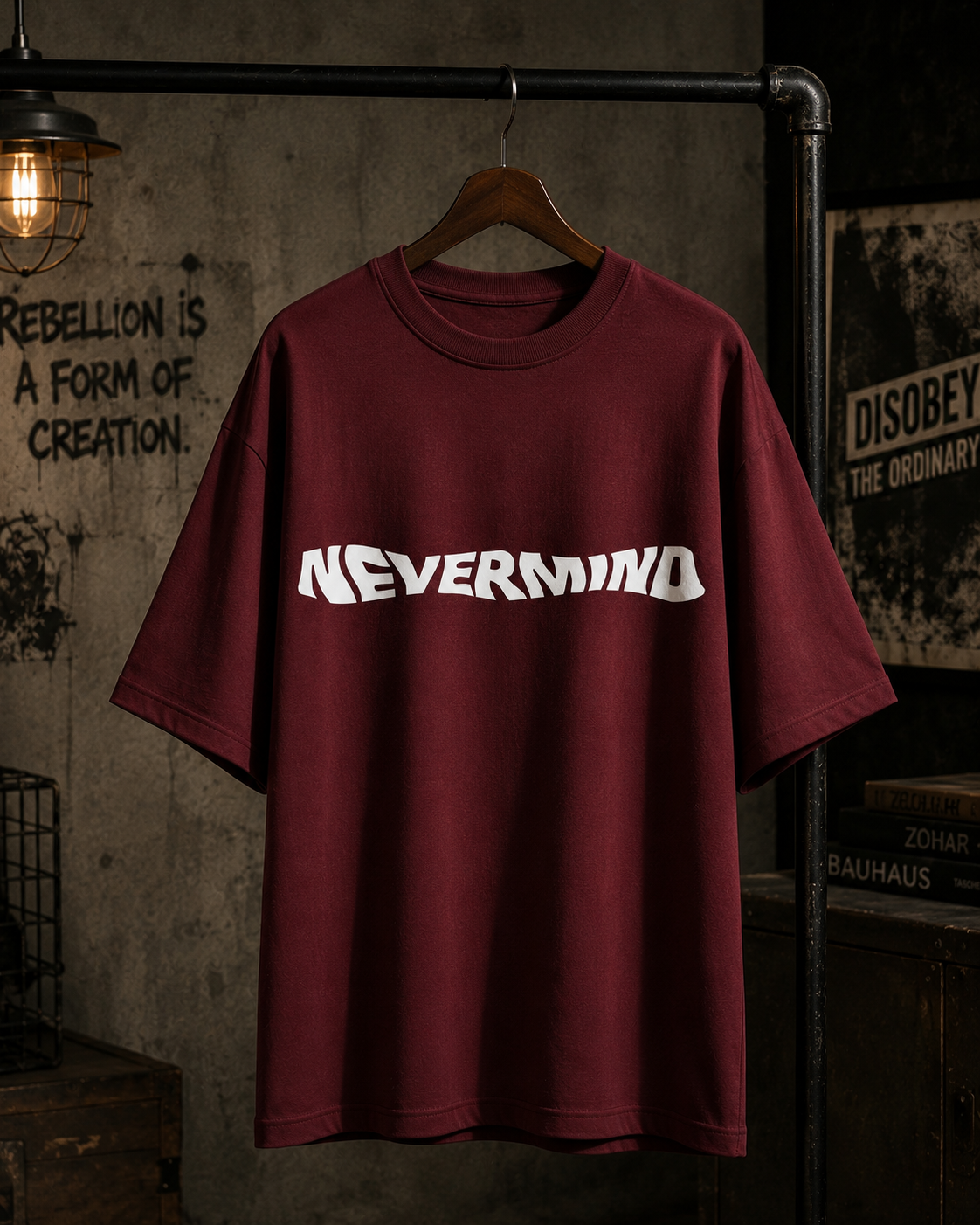 A maroon short-sleeve t-shirt with 'NEVERMIND' printed in white across the chest, hanging on a wooden hanger against a dark industrial wall with a light bulb and posters.