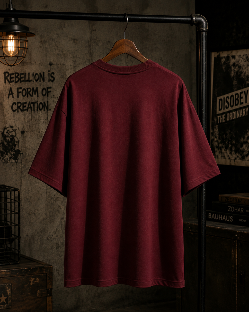 A maroon oversized short-sleeve t-shirt hanging on a wooden hanger from a black industrial pipe rack. The background is a dark, gritty room with a textured concrete wall, a vintage-style hanging light bulb, and posters.