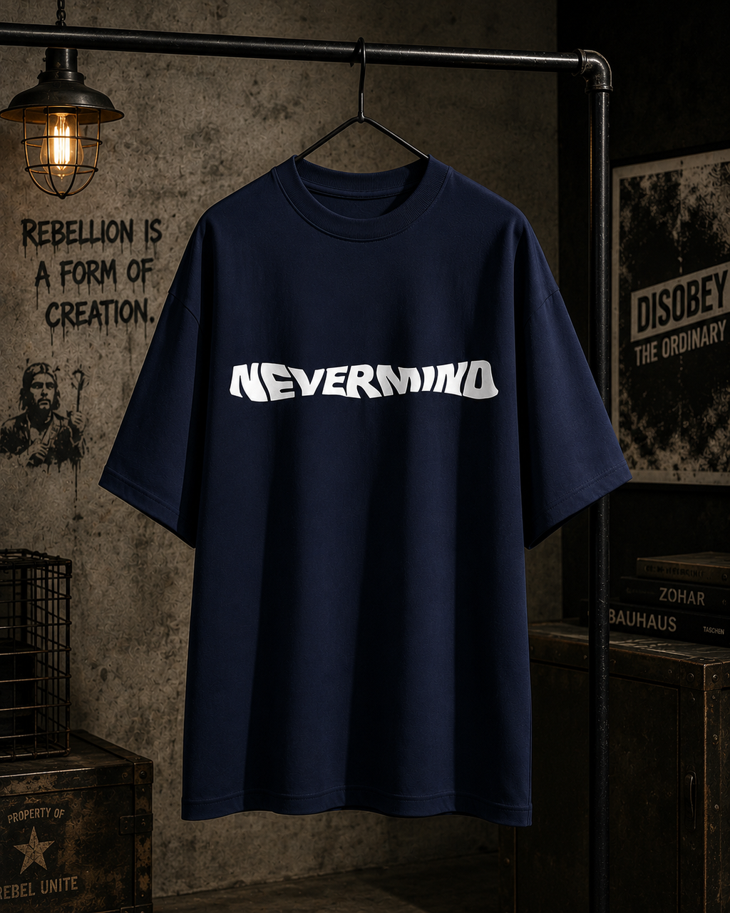 A navy blue oversized t-shirt with 'NEVERMIND' printed in white across the chest, hanging on a black hanger from a clothing rack in a dark, industrial-themed room.