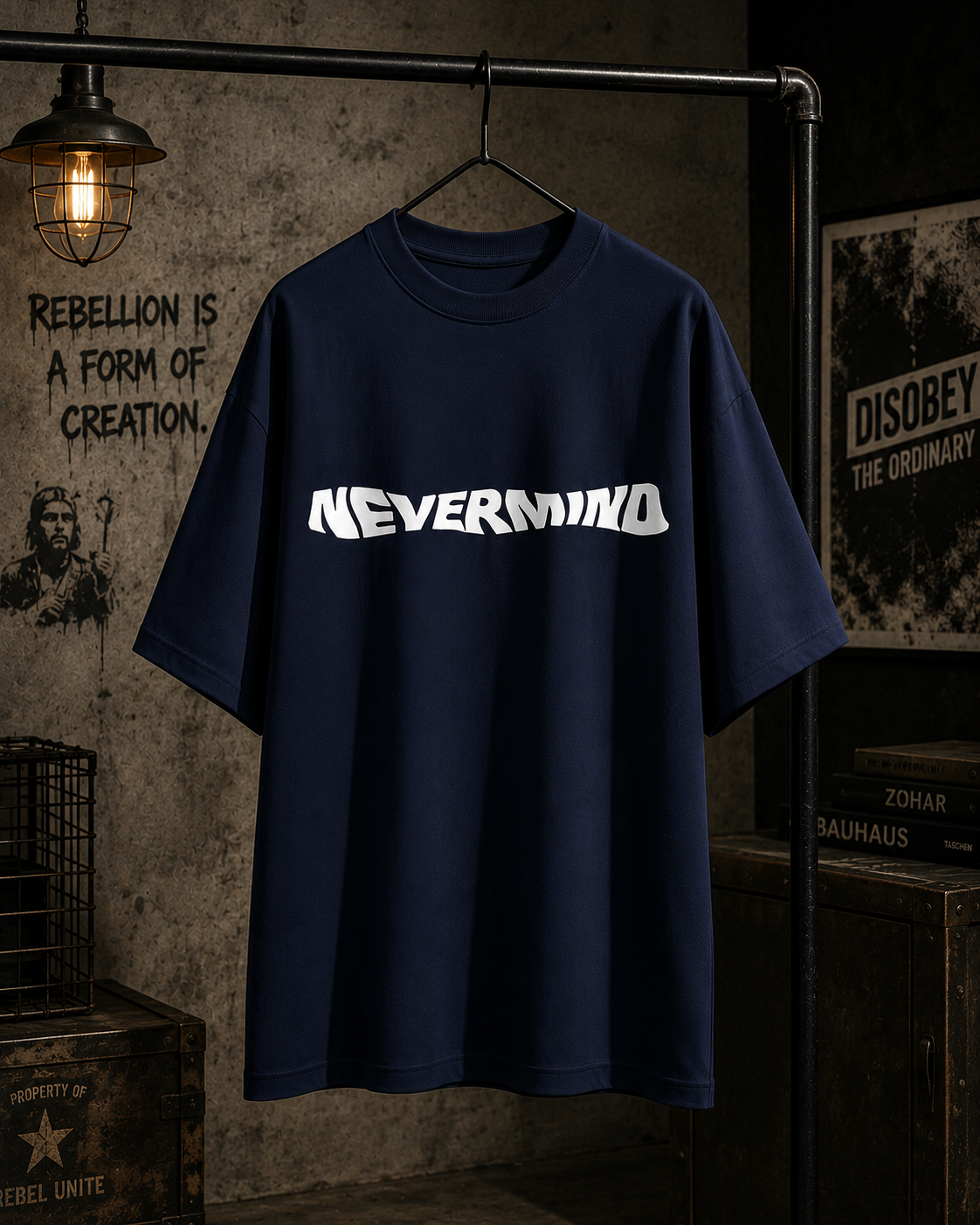 A navy blue oversized t-shirt with 'NEVERMIND' printed in white across the chest, hanging on a black hanger from a clothing rack in a dark, industrial-themed room.