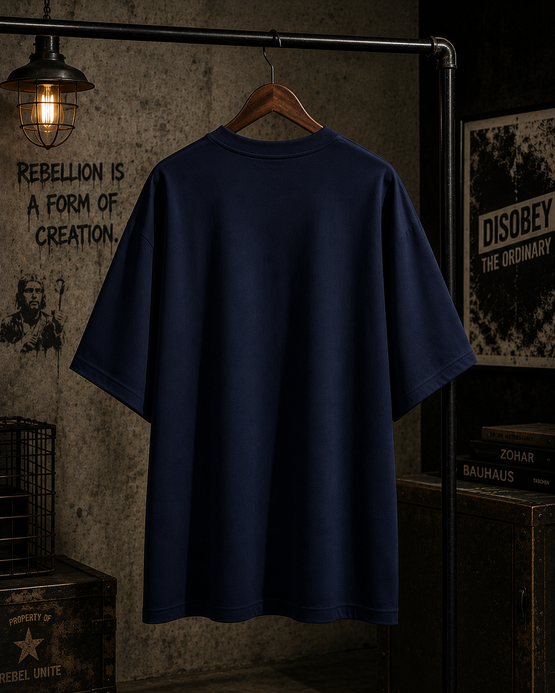 A navy blue oversized short-sleeve t-shirt hanging on a wooden hanger from a black clothing rack, set against a dark, industrial background with vintage crates and posters.