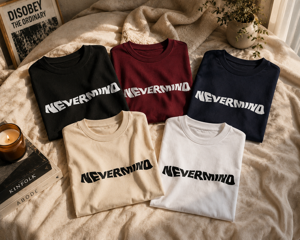 Five folded graphic T-shirts arranged on a beige blanket, each with the word 'NEVERMIND' printed across the chest in contrasting lettering. The shirts are shown in black, burgundy, navy, cream, and white, with a candle, books, framed print, and small plant in a styled indoor setting.