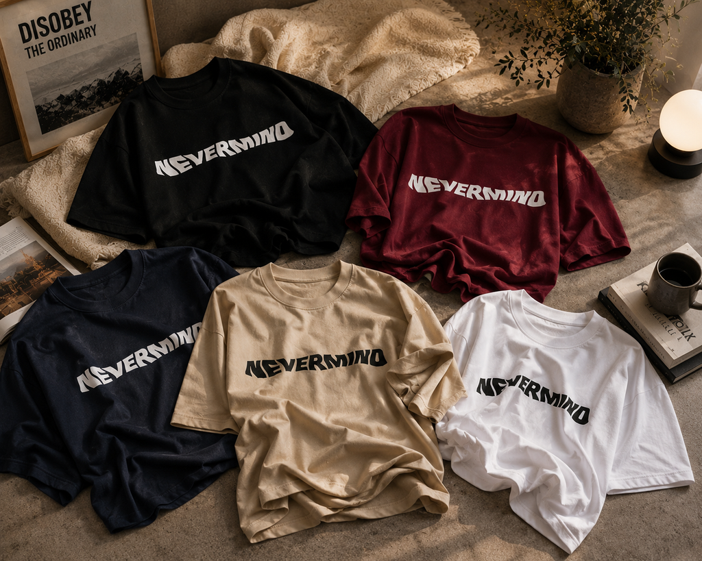 Five short-sleeve graphic T-shirts laid out on a textured surface, each with the word 'NEVERMIND' printed across the chest in a stylized white font. The shirts come in black, burgundy, navy, beige, and white.