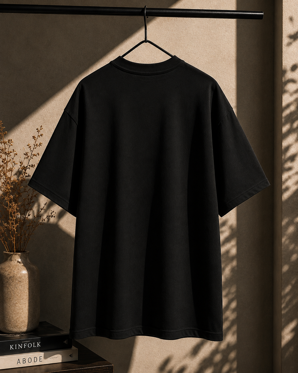 A black oversized short-sleeve t-shirt hanging on a black hanger from a clothing rack, set against a textured beige wall with warm sunlight and leaf shadows.