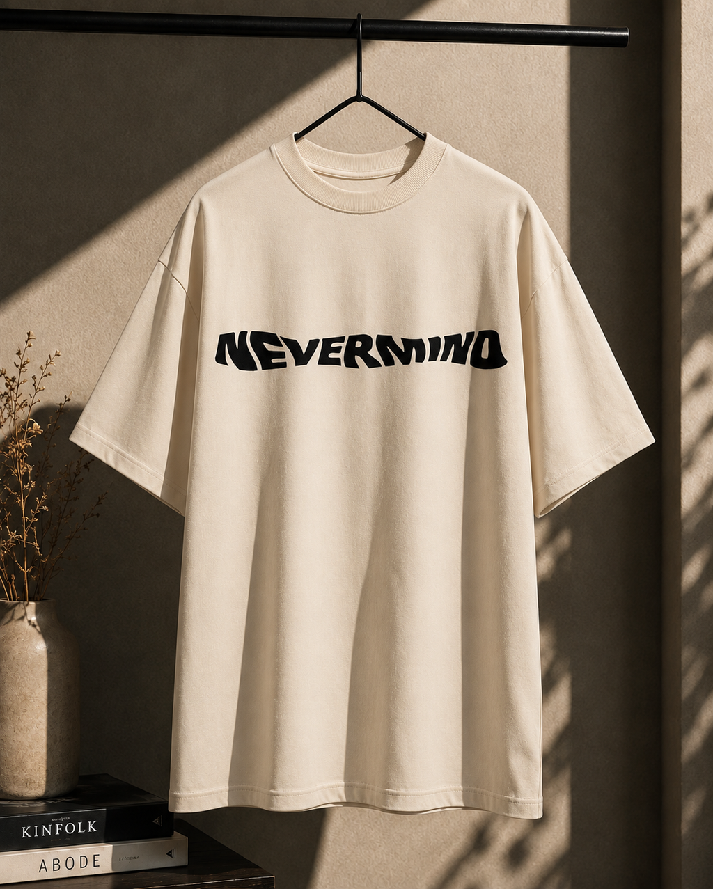 An oversized cream-colored t-shirt with a black 'NEVERMIND' graphic across the chest, hanging on a black hanger against a textured beige wall with warm sunlight and shadows.