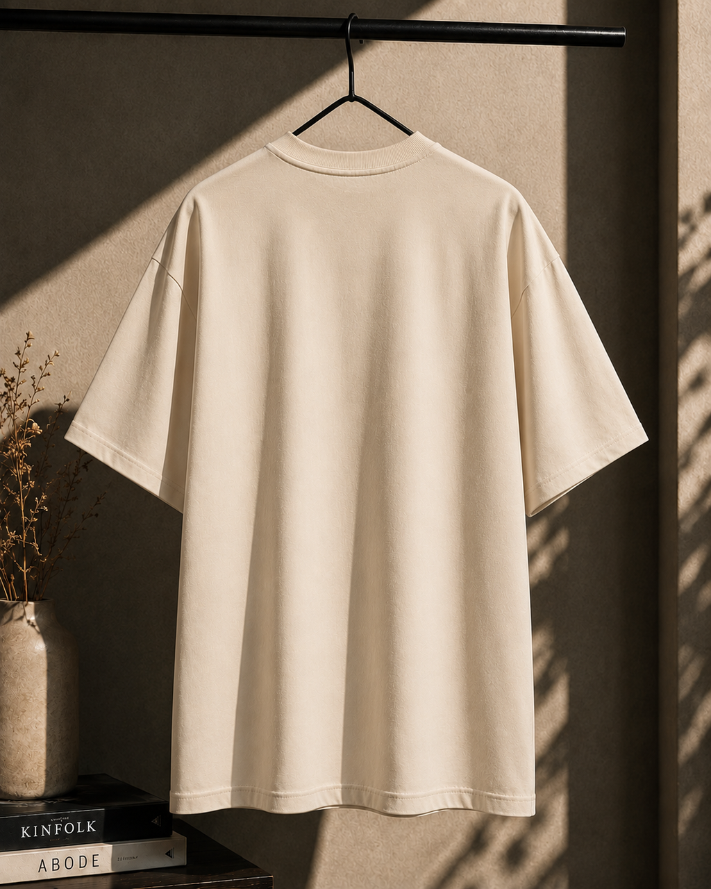 An oversized cream-colored short-sleeve t-shirt hanging on a black hanger from a clothing rack, set against a textured beige wall with warm sunlight and shadow patterns.