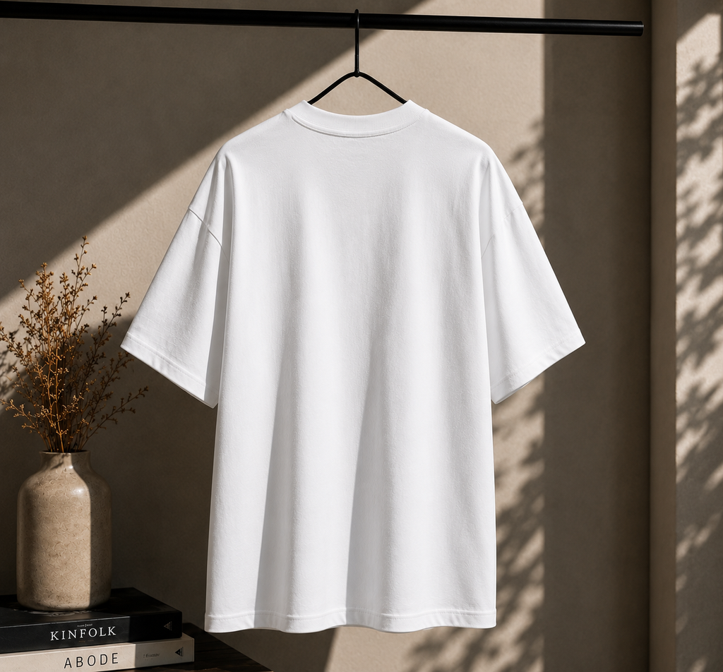 A plain white short-sleeve T-shirt hanging on a black hanger against a warm beige wall, with soft sunlight casting shadows and dried flowers in a vase nearby.