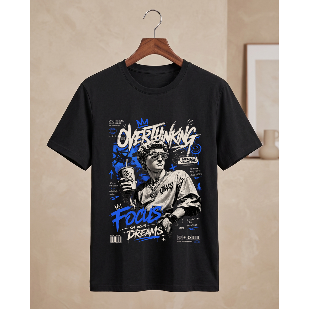 Men's Oversized Overthinking Focus Graphic T-Shirt - Black Drop Shoulder