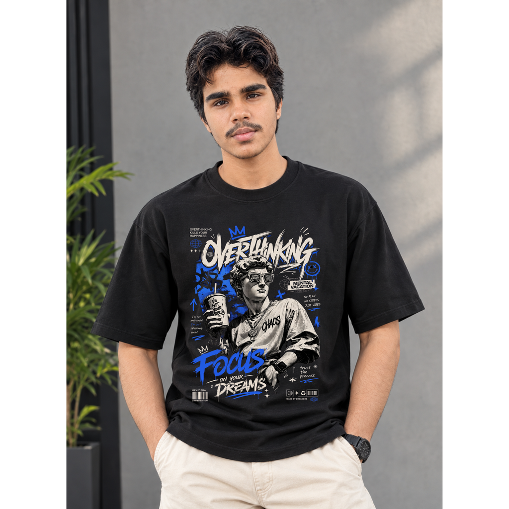 Men's Oversized Overthinking Focus Graphic T-Shirt - Black Drop Shoulder