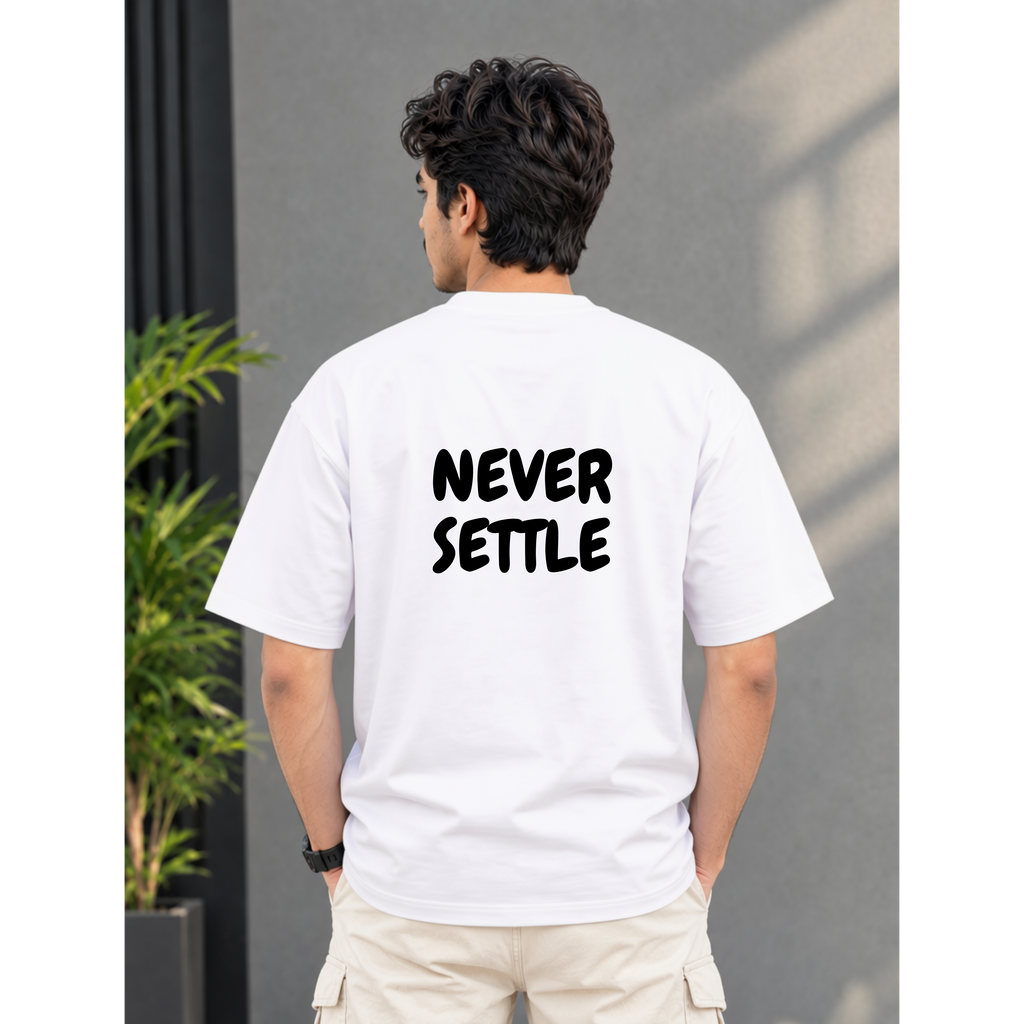 Men's Oversized Never Settle Graphic T-Shirt - White Drop Shoulder