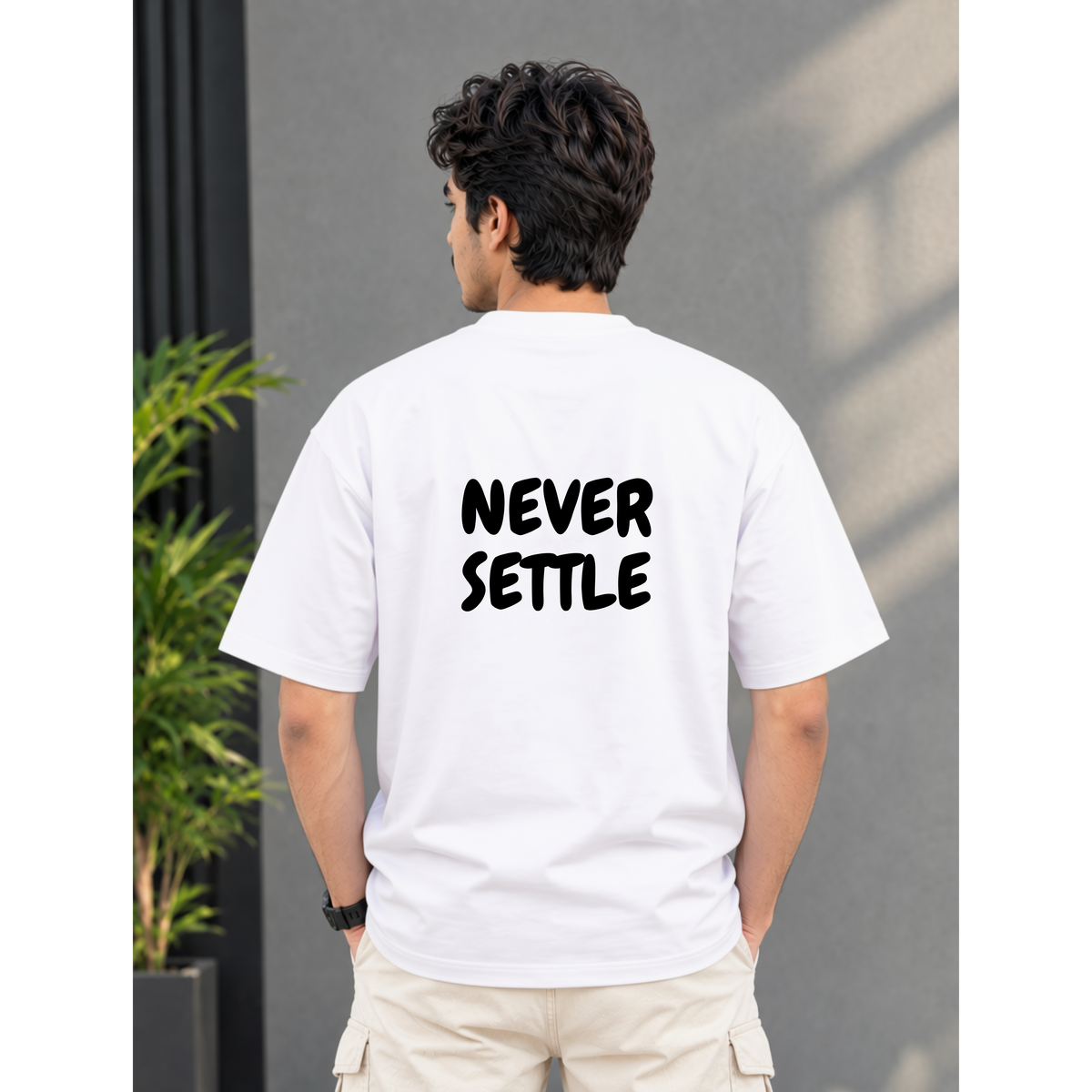 Men's Oversized Never Settle Graphic T-Shirt - White Drop Shoulder