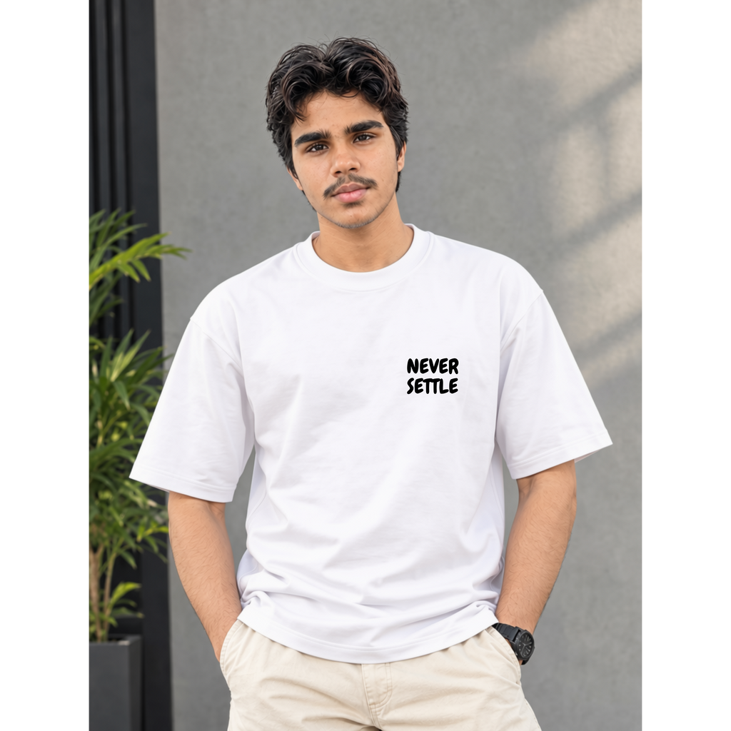 Men's Oversized Never Settle Graphic T-Shirt - White Drop Shoulder