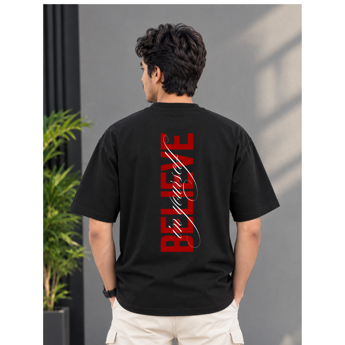 Men's Oversized Believe In Yourself Graphic T-Shirt - Drop Shoulder