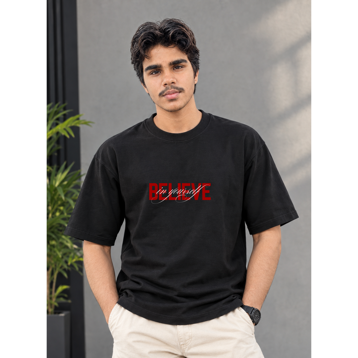 Men's Oversized Believe In Yourself Graphic T-Shirt - Drop Shoulder