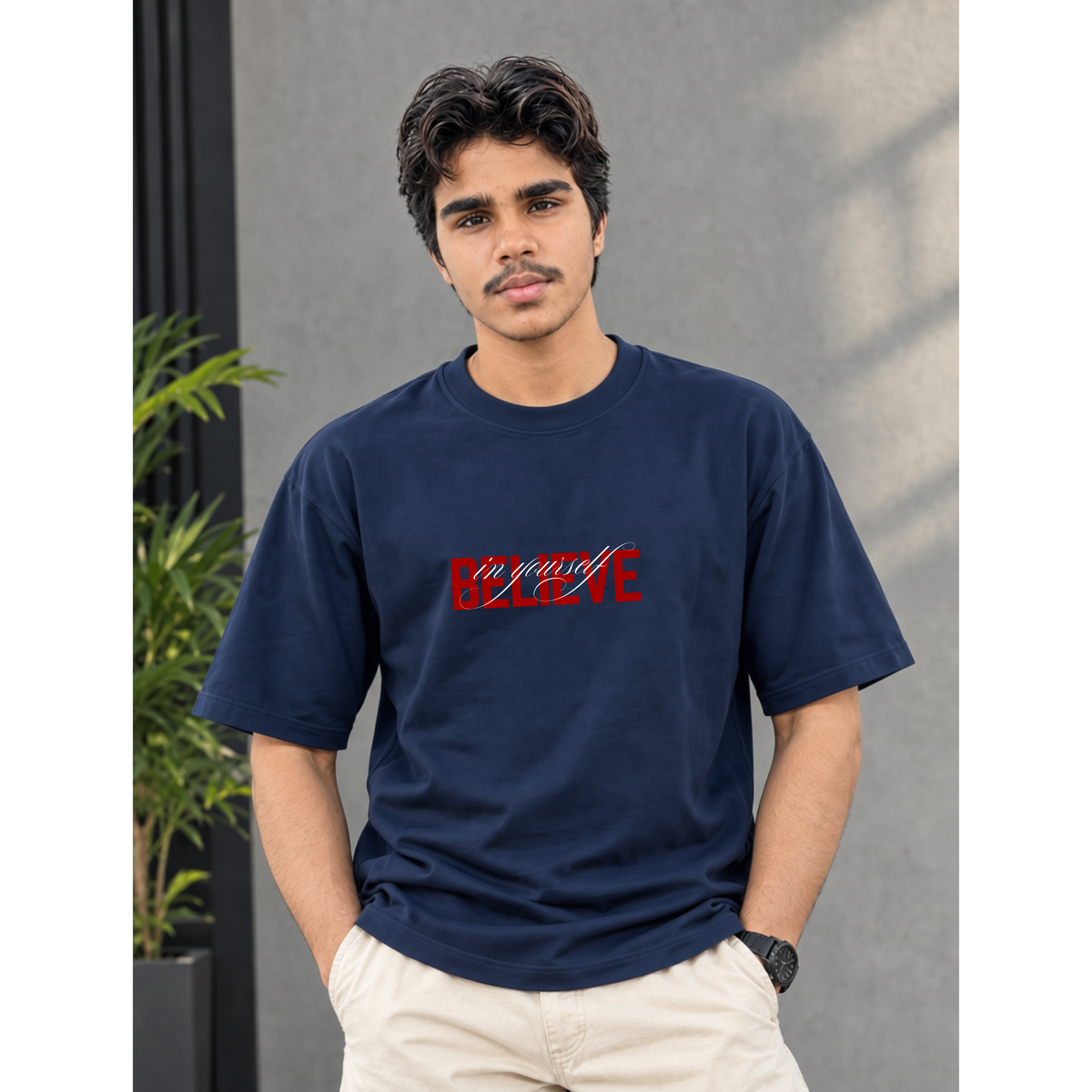 Men's Oversized Believe In Yourself Graphic T-Shirt - Drop Shoulder