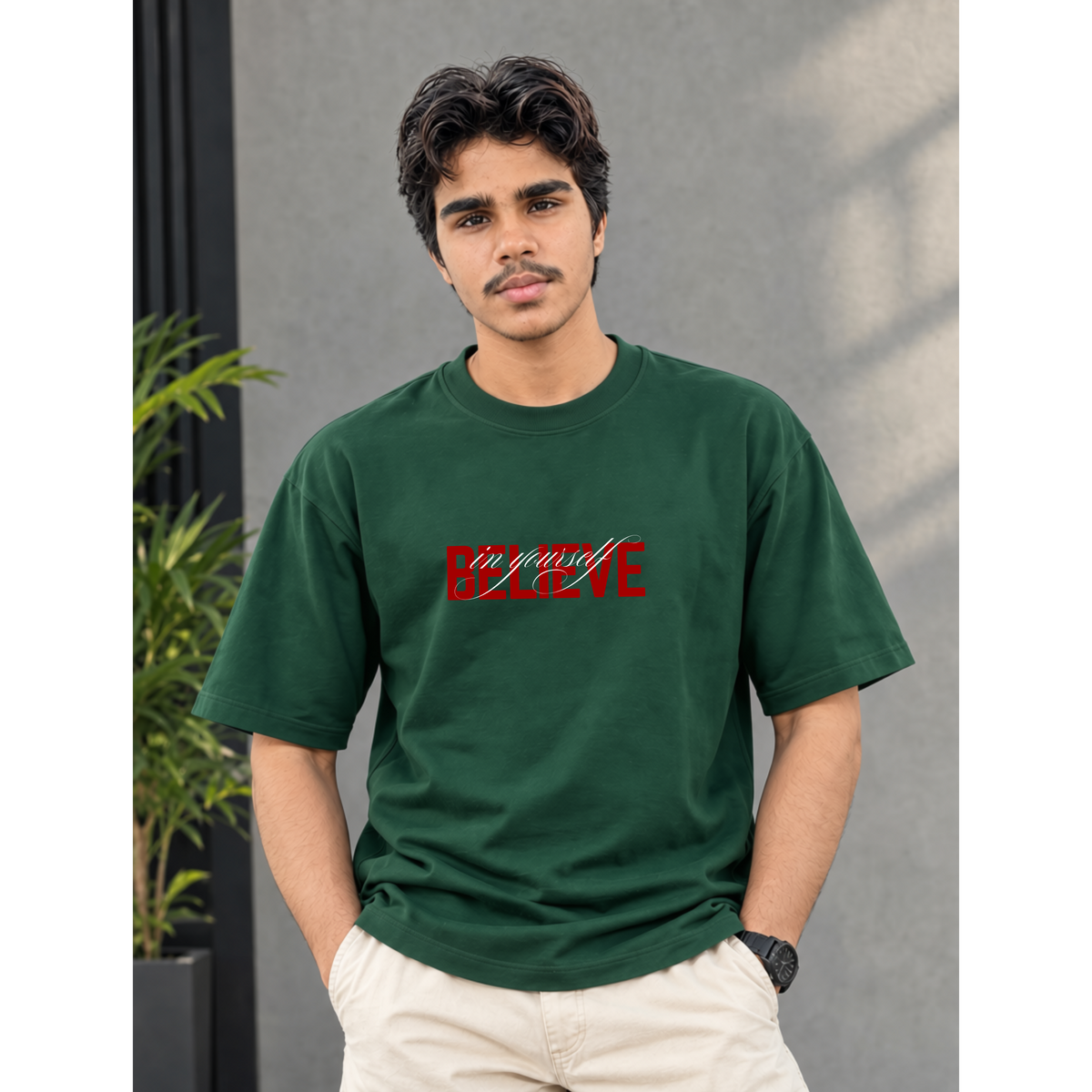 Men's Oversized Believe In Yourself Graphic T-Shirt - Drop Shoulder
