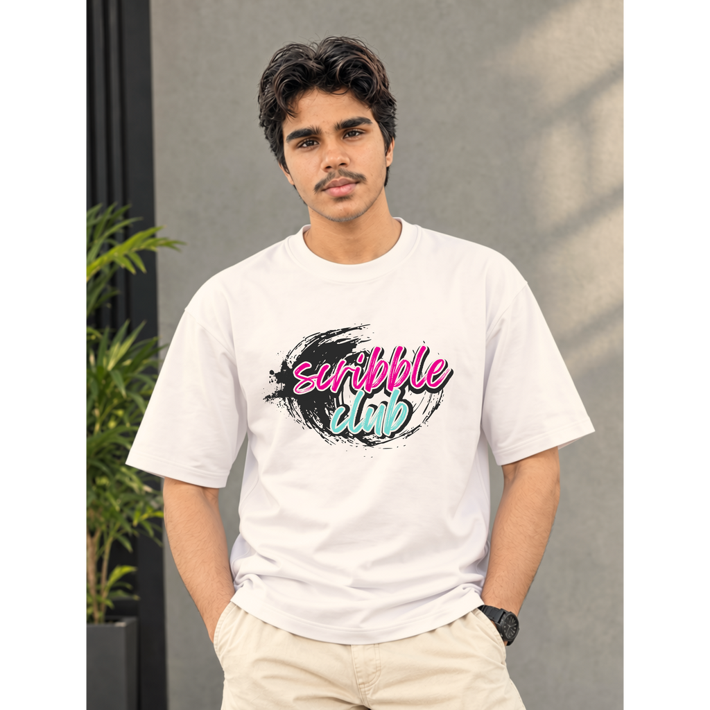 Men's Oversized Scribble Club Graphic T-Shirt - White Drop Shoulder