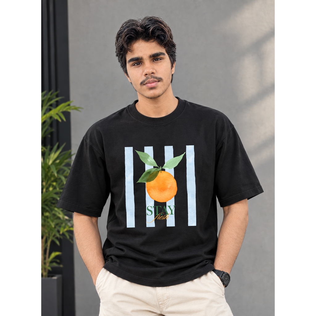 Men's Oversized Stay Fresh Orange Graphic T-Shirt - Drop Shoulder