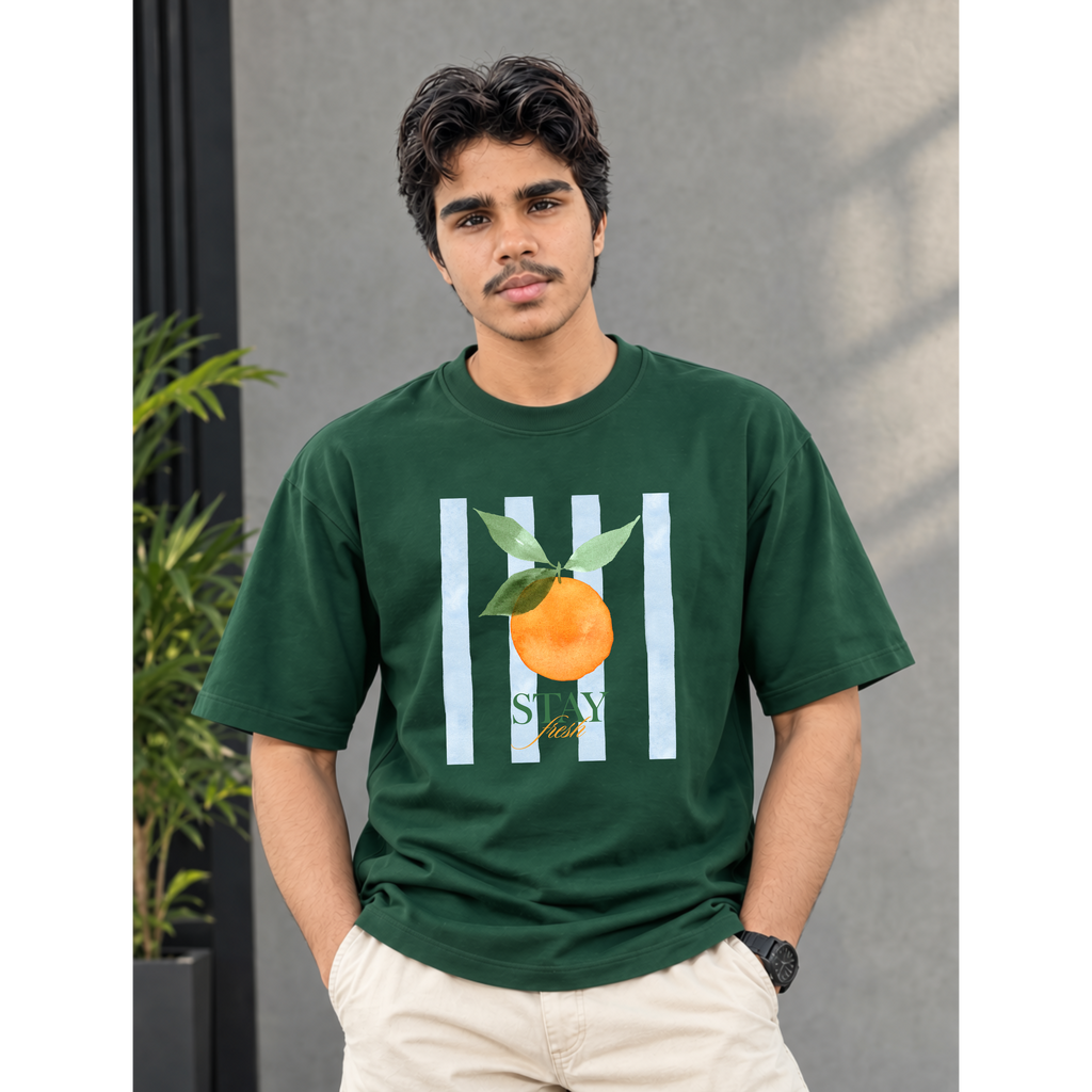 Men's Oversized Stay Fresh Orange Graphic T-Shirt - Drop Shoulder