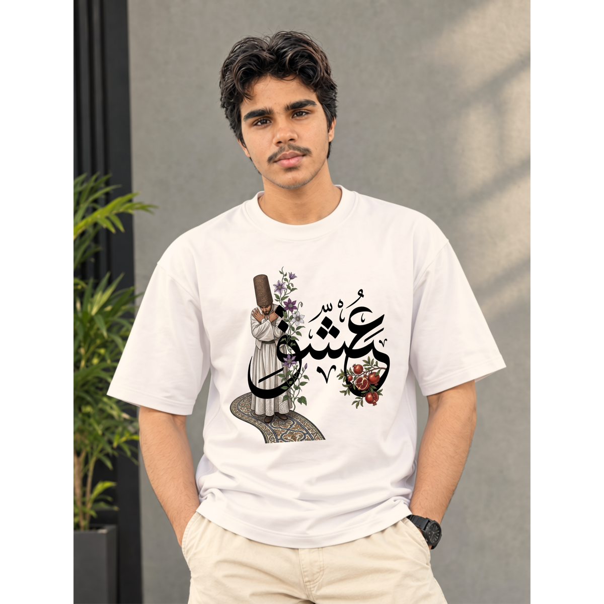 Men's Oversized Ishq Sufi Graphic T-Shirt - White Drop Shoulder