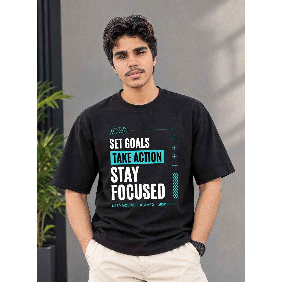 Men's Oversized Motivational Graphic T-Shirt - Black Drop Shoulder