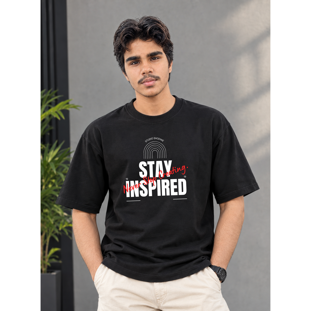 Men's Oversized Stay Inspired Graphic T-Shirt - Drop Shoulder