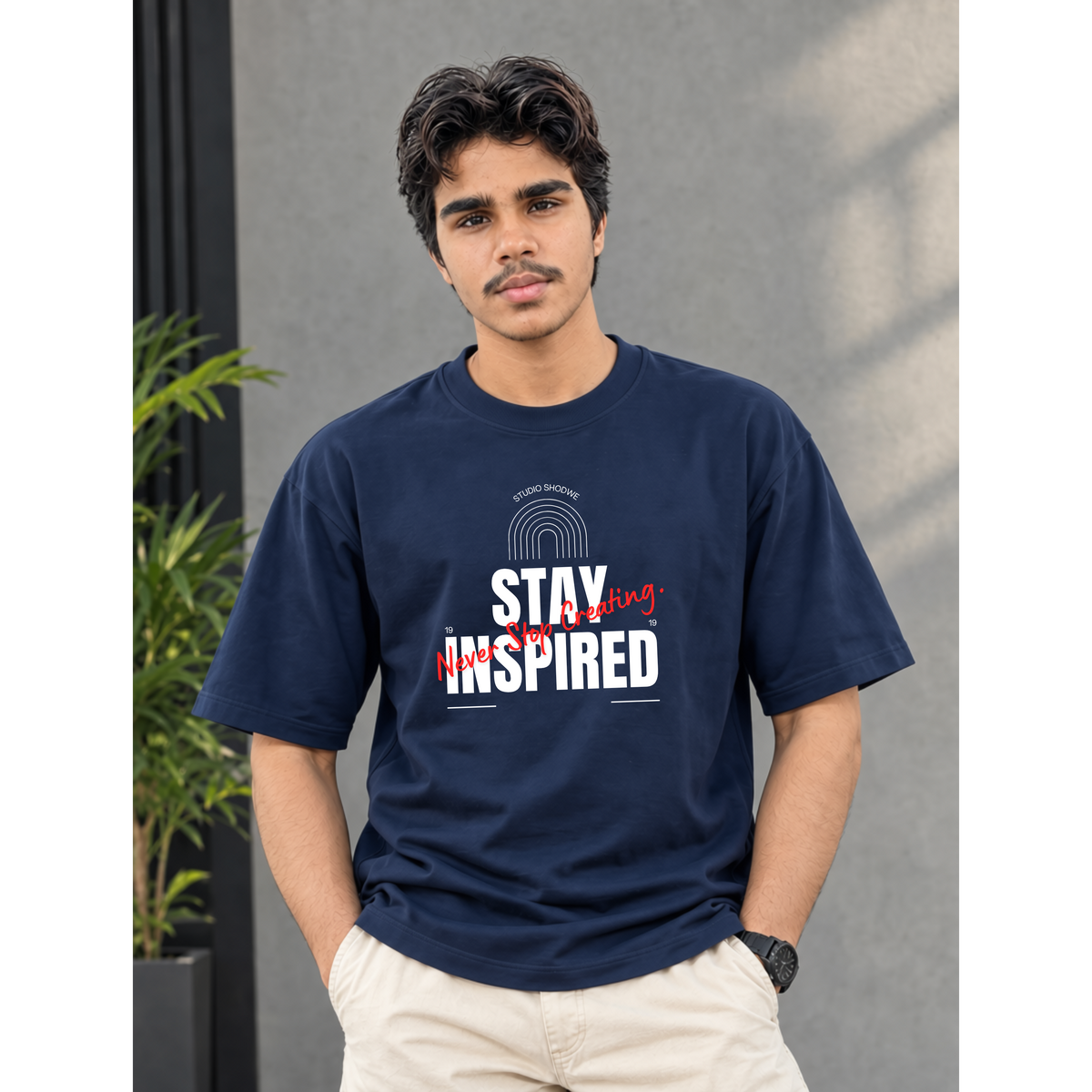 Men's Oversized Stay Inspired Graphic T-Shirt - Drop Shoulder