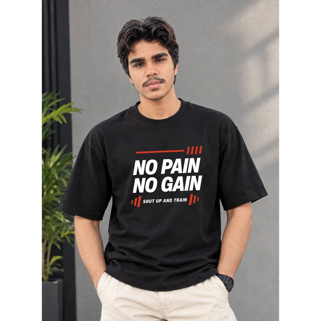 Men's Oversized No Pain No Gain Gym T-Shirt - Black Drop Shoulder