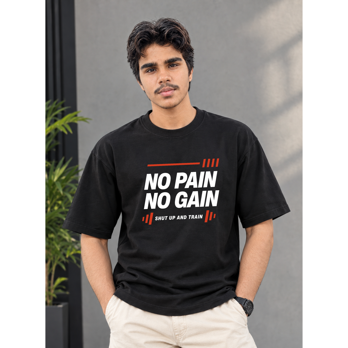 Men's Oversized No Pain No Gain Gym T-Shirt - Black Drop Shoulder