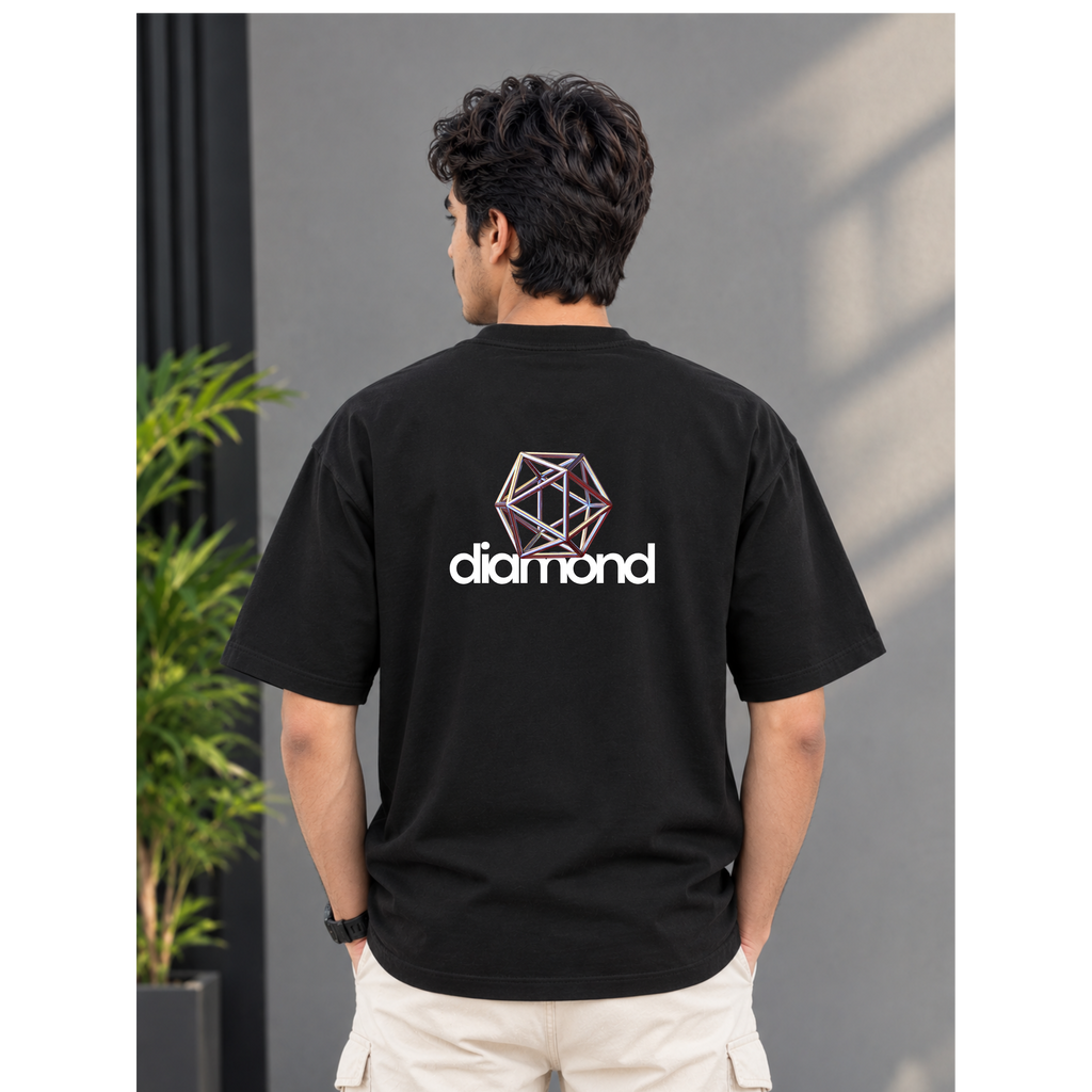 Men's Oversized Diamond Geometric Graphic T-Shirt - Black Drop Shoulder