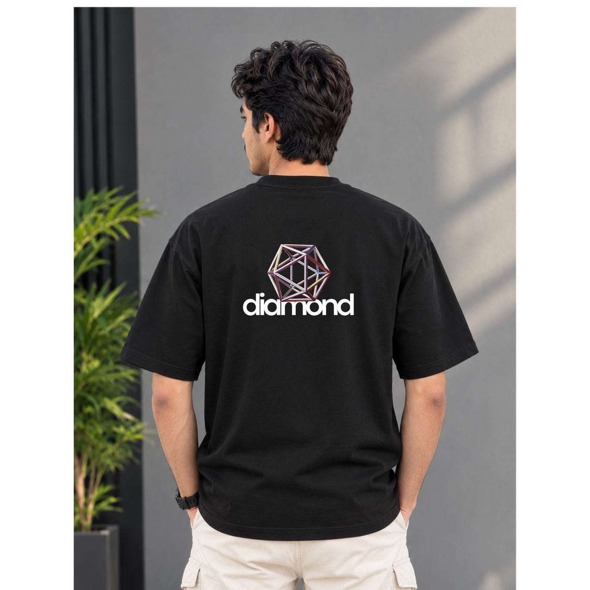 Men's Oversized Diamond Geometric Graphic T-Shirt - Black Drop Shoulder