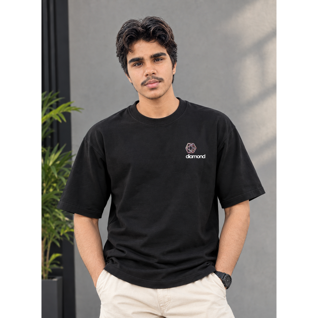 Men's Oversized Diamond Geometric Graphic T-Shirt - Black Drop Shoulder