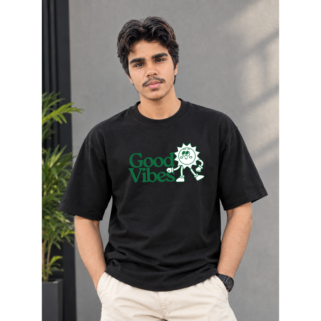 Men's Oversized Good Vibes Graphic T-Shirt - Black Drop Shoulder