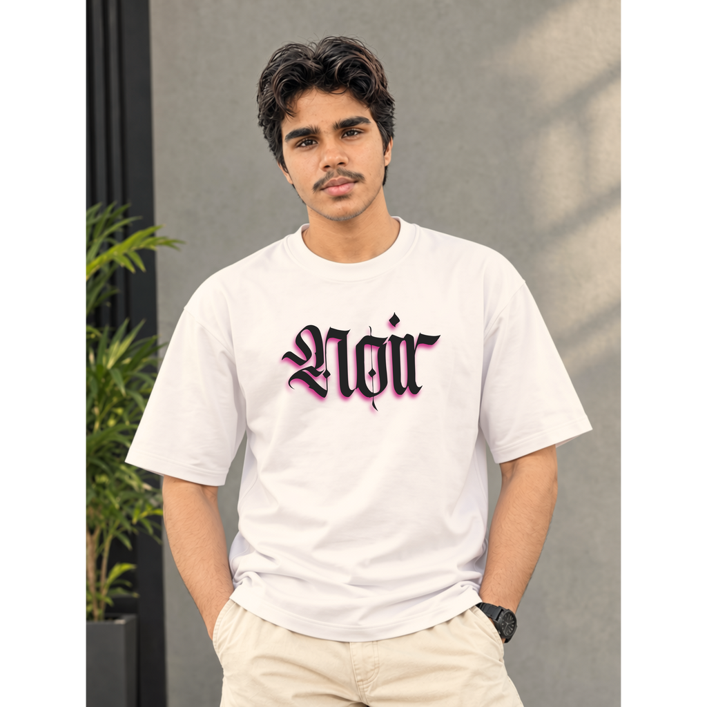 Men's Oversized Noir Gothic Graphic T-Shirt - White Drop Shoulder
