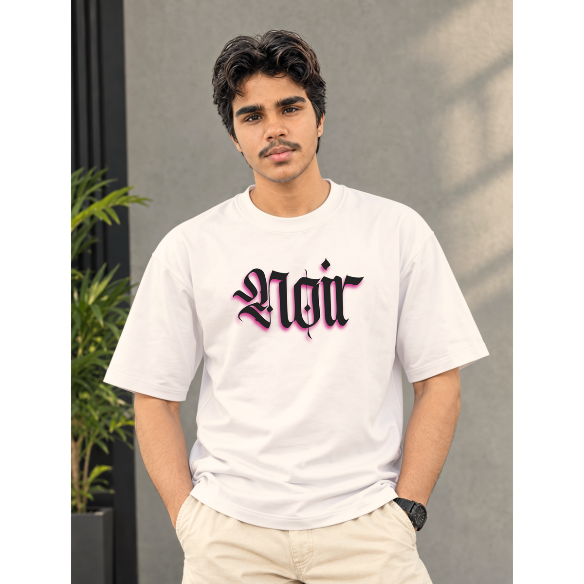 Men's Oversized Noir Gothic Graphic T-Shirt - White Drop Shoulder