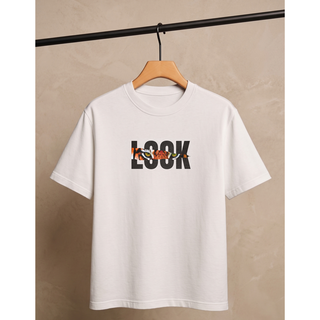 Men's Oversized Tiger Eyes "Look" Graphic T-Shirt - White Drop Shoulder