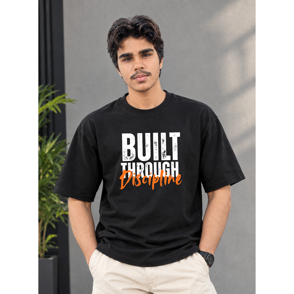 Men'Men's Oversized Built Through Discipline T-Shirt - Black Drop Shoulder