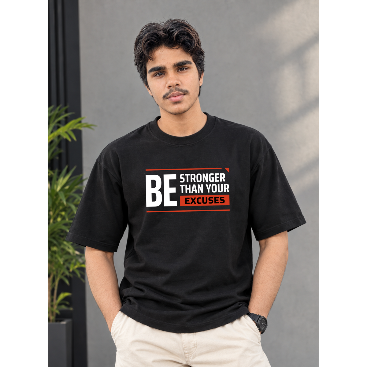 Men's Oversized Be Stronger Graphic T-Shirt - Black Drop Shoulder